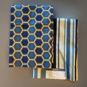 2 Heavyweight Fabric Samples Kravet Navy Blue White Stripe Hexagon Brocade 24x24